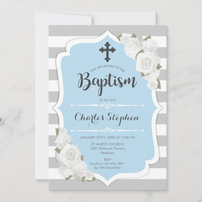 Invitation Baptême garçon - Bleu rose Blanc (Devant)