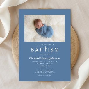 Invitation Baptême Garçon Croix Religieuse Photo Bleue