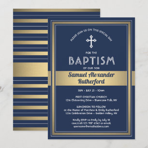Invitation Baptême garçon Elégant Marine moderne Bleu Blanc &