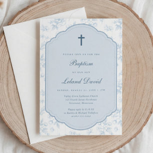 Invitation Baptême Garçon Elégant Vintage Fleur Bleue Toile