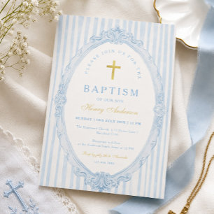 Invitation Baptême Garçon Élégant Vintage Rayures Bleues