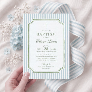 Invitation Baptême garçon fille Sage bleu rayure verte