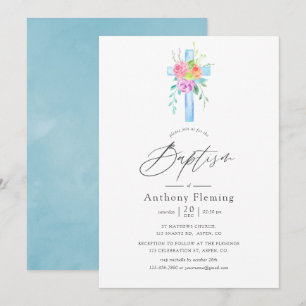 Invitation Baptême garçon floral aquarelle pastel
