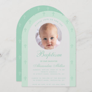Invitation Baptême garçon Photo Arc moderne Mint Green Script