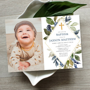 Invitation Baptême garçon photo, vert vert vert vert feuillag