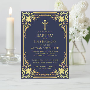 Invitation Baptême garçon Premier anniversaire Bleu marine Or