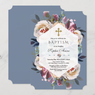 Invitation Baptême géométrique bleu rose pâle