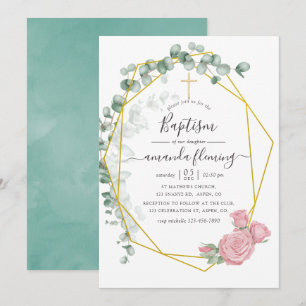 Invitation Baptême géométrique de rose d'eucalyptus à l'aquar