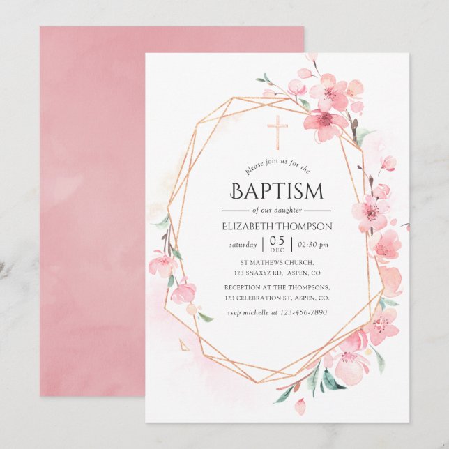 Invitation Baptême géométrique en fleur de cerisier rose (Devant / Derrière)