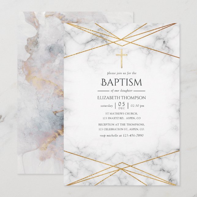 Invitation Baptême géométrique en marbre d'or (Devant / Derrière)