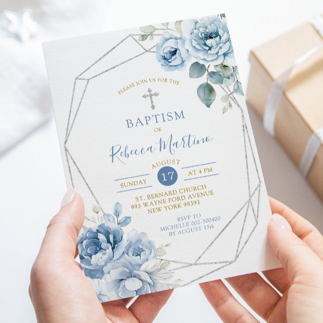 Invitation Baptême géométrique florale d'argent bleu poussiér (Créateur téléchargé)
