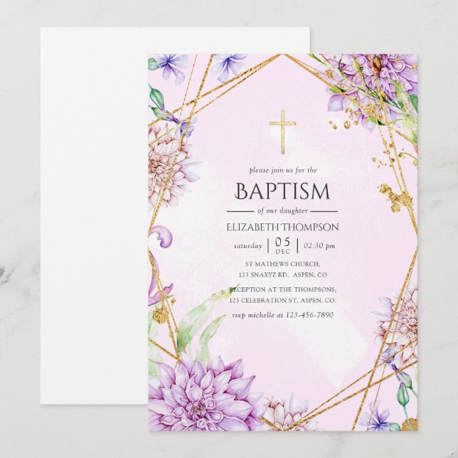 Invitation Baptême géométrique florale mauve et or (Devant / Derrière)