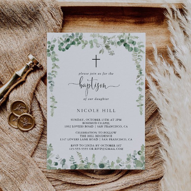 Invitation Baptême géométrique minimaliste de l'eucalyptus (Créateur téléchargé)