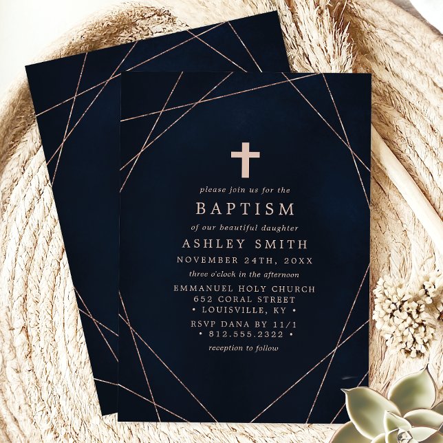 Invitation Baptême géométrique Rose et marine (Créateur téléchargé)