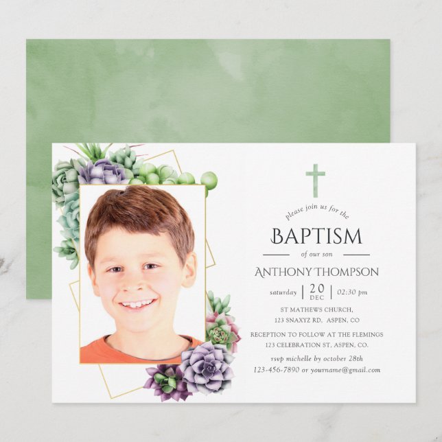 Invitation Baptême Géométrique Succulent ou Photo Christening (Devant / Derrière)