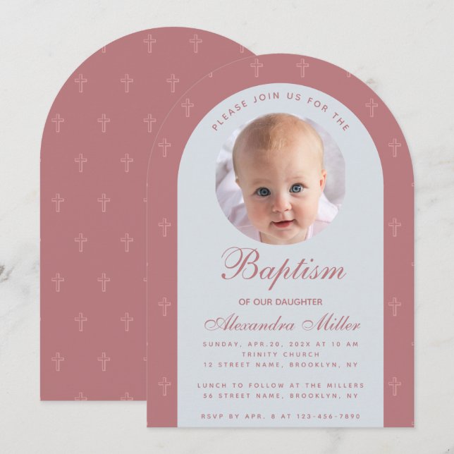 Invitation Baptême Girl Photo Arc moderne Dusty Rose Script (Devant / Derrière)