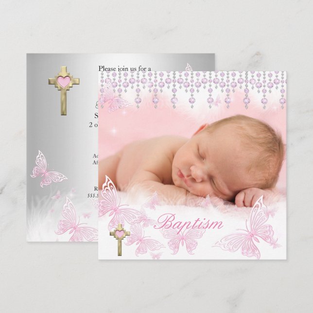 Invitation Baptême Girl Pink Silver Butterfly Cross (Devant / Derrière)