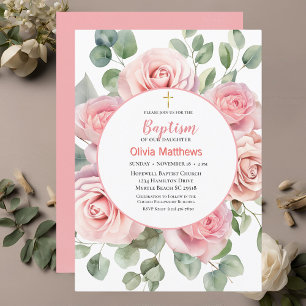Invitation Baptême Gold Croix Roses roses roses Filles
