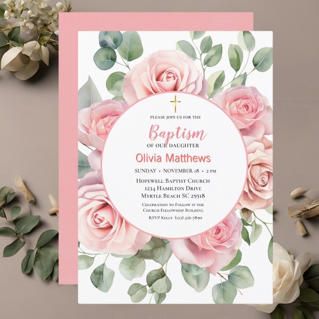 Invitation Baptême Gold Croix Roses roses roses Filles (Créateur téléchargé)