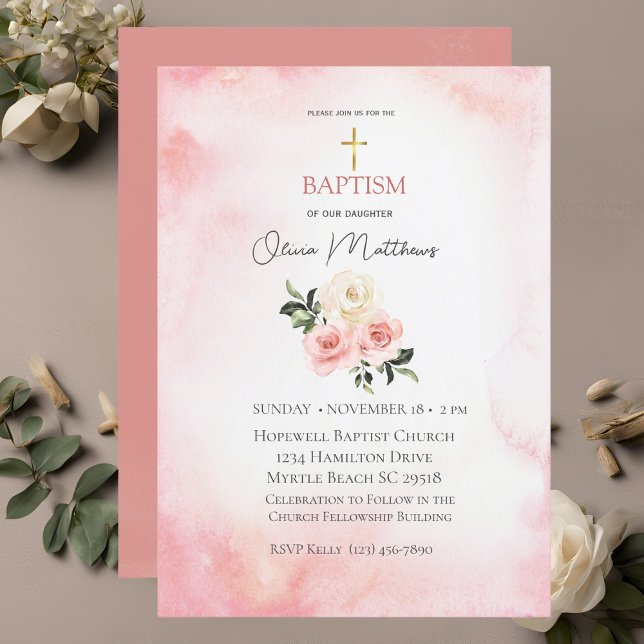 Invitation Baptême Gold Cross Rose Floral (Créateur téléchargé)