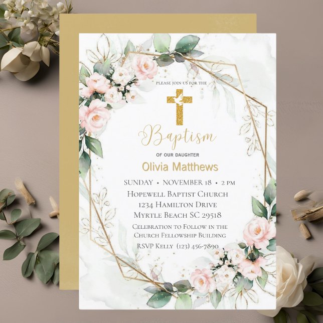 Invitation Baptême Gold Cross Rose Floral Girls (Créateur téléchargé)