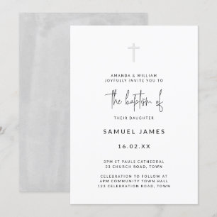 Invitation Baptême gris minimaliste moderne aquarelle écritur