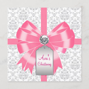 Invitation Baptême gris rose de baptême de bébé de damassé