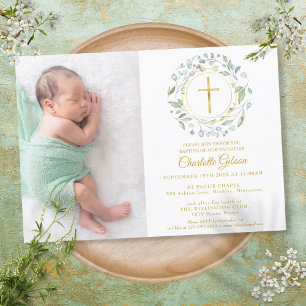 Invitation Baptême Guirlande de Christening Croix Or Photo