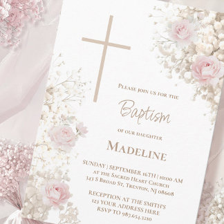 Invitation Baptême Gypsophile et roses roses