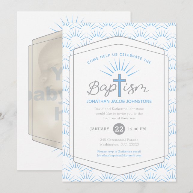 Invitation Baptême halo et croix photo personnalisée bleu (Devant / Derrière)