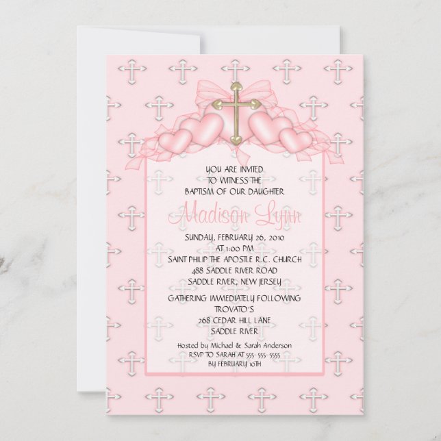 Invitation Baptême Inviation de bébé de croix et de coeurs (Devant)