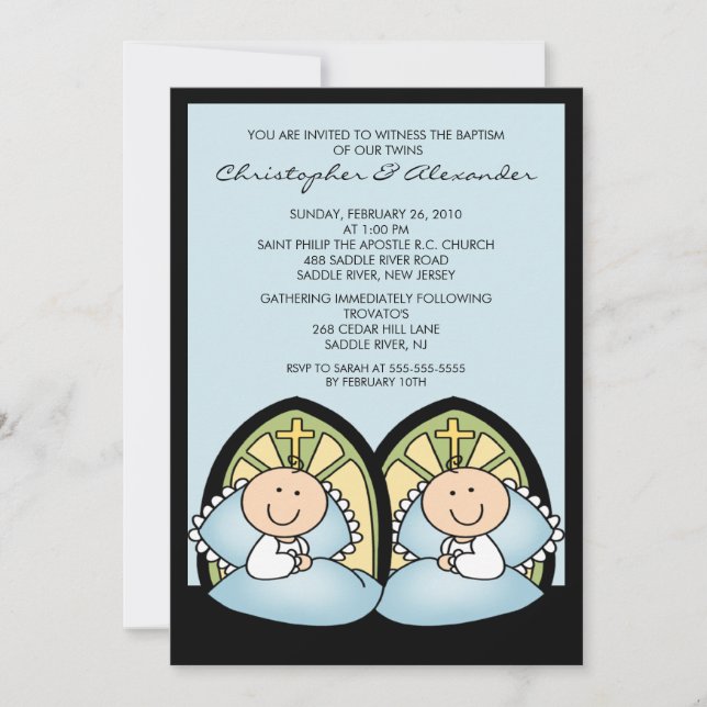 Invitation Baptême jumeau mignon Inviation de baptême de (Devant)