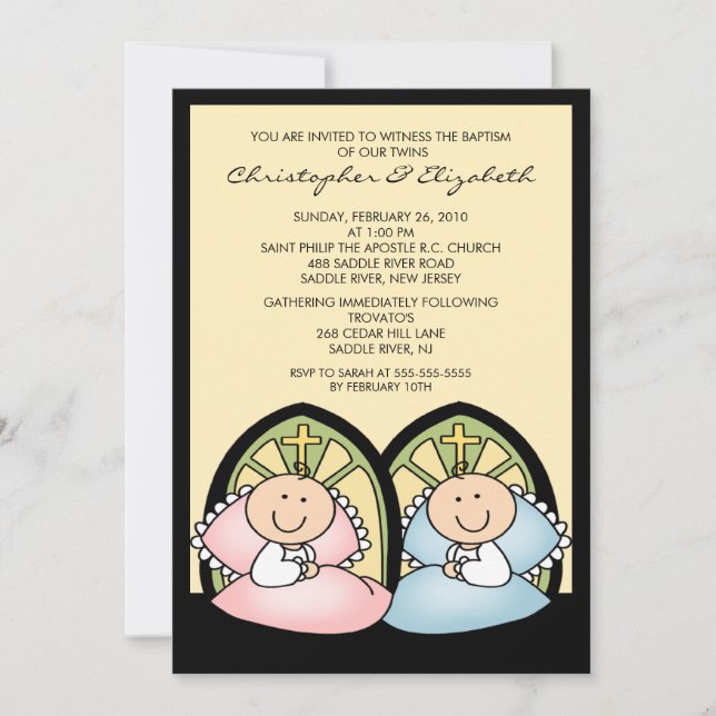 Invitation Baptême jumeau mignon Inviation de baptême de (Devant)