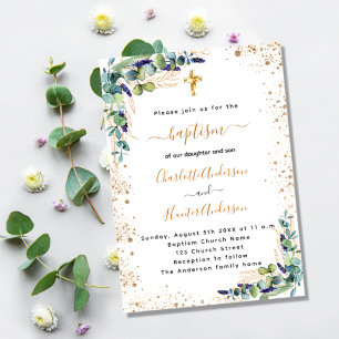 Invitation Baptême jumeaux eucalyptus vert écriture or