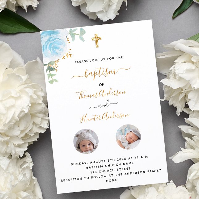 Invitation Baptême jumeaux garçons blanc floral photo (Créateur téléchargé)
