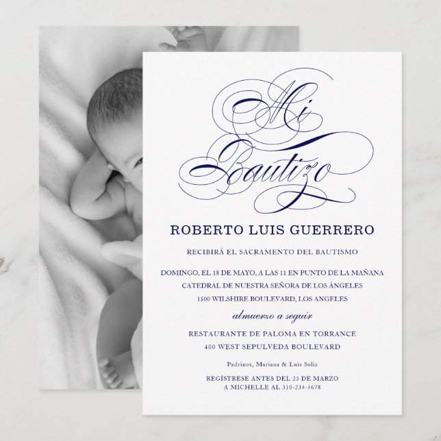 Invitation Baptême Langue Espagnol Script Marine Mi Bautizo (Devant / Derrière)