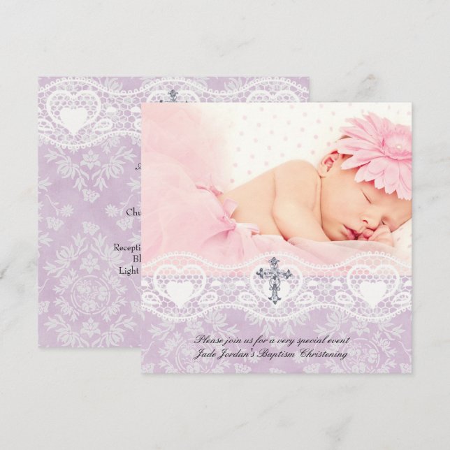 Invitation Baptême Lilac Blanche dentelle photo Bijou Croix F (Devant / Derrière)
