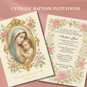 Invitation Baptême Marie et Jésus rose Roses