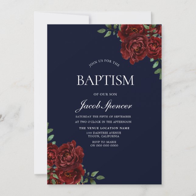 Invitation Baptême Marine & Rose rouge garçon ou fille Invita (Devant)