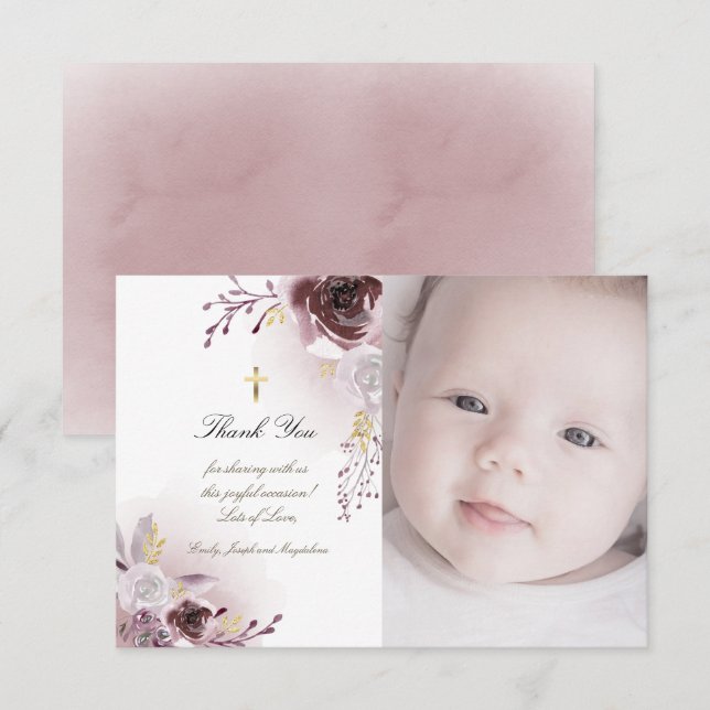 Invitation Baptême merci roses d'aquarelle (Devant / Derrière)