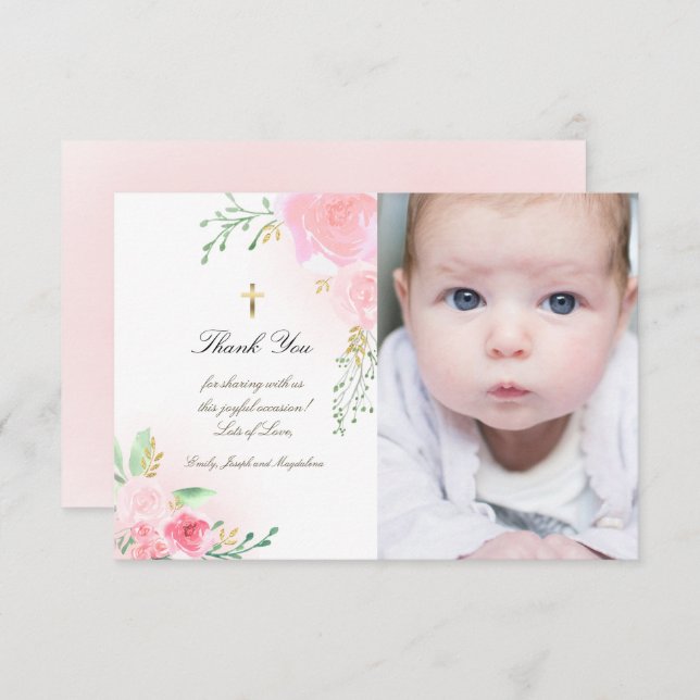 Invitation Baptême merci roses roses (Devant / Derrière)