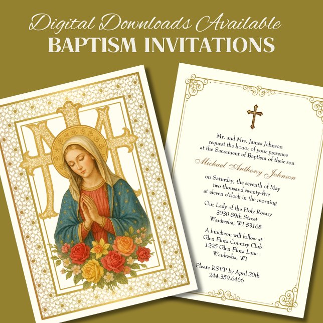 Invitation Baptême Mère Marie Croix mariale Rose (Créateur téléchargé)