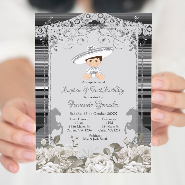 Invitation Baptême mexicain d'argent et blanc et premier anni (Créateur téléchargé)