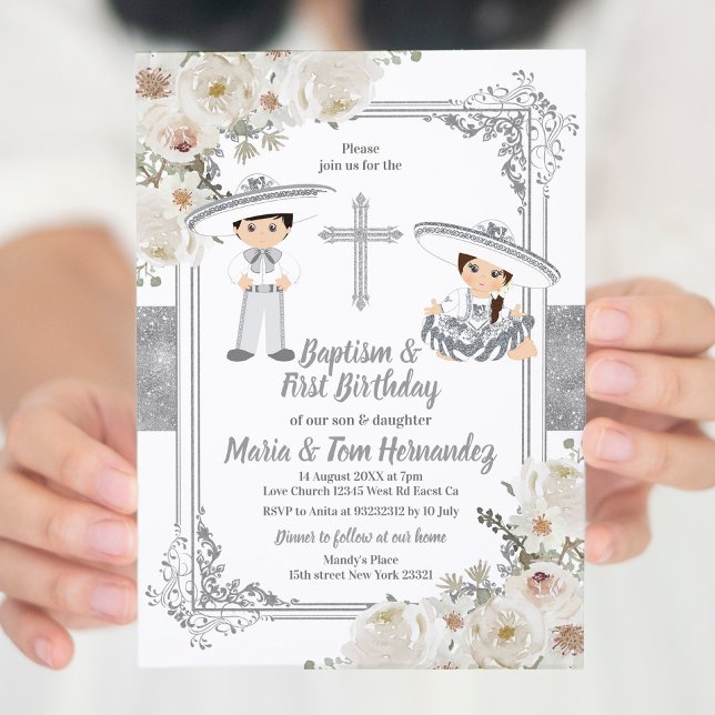 Invitation Baptême mexicain d'argent et fête d'anniversaire T (Créateur téléchargé)