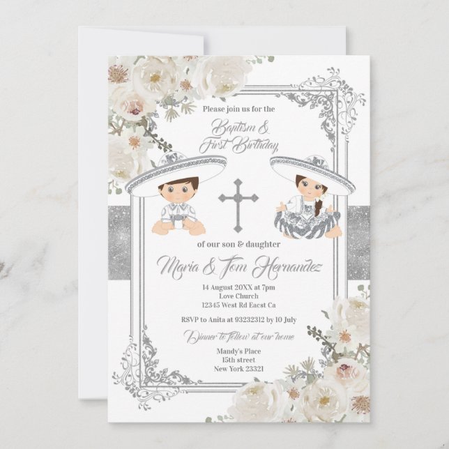 Invitation Baptême mexicain d'argent et fête d'anniversaire T (Devant)