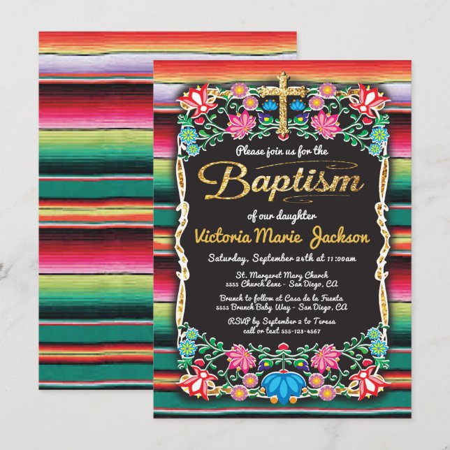 Invitation Baptême Mexique Fiesta Party Gold Parties scintill (Devant / Derrière)