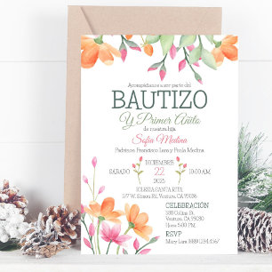 Invitation Baptême mignon et fleurs d'aquarelle de premier an