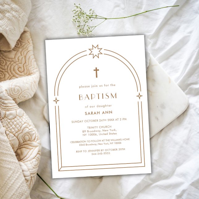 Invitation Baptême minimaliste de Boho Arch Cross (Gender Neutral Minimalist Boho Arch Cross Baptism Invitation)