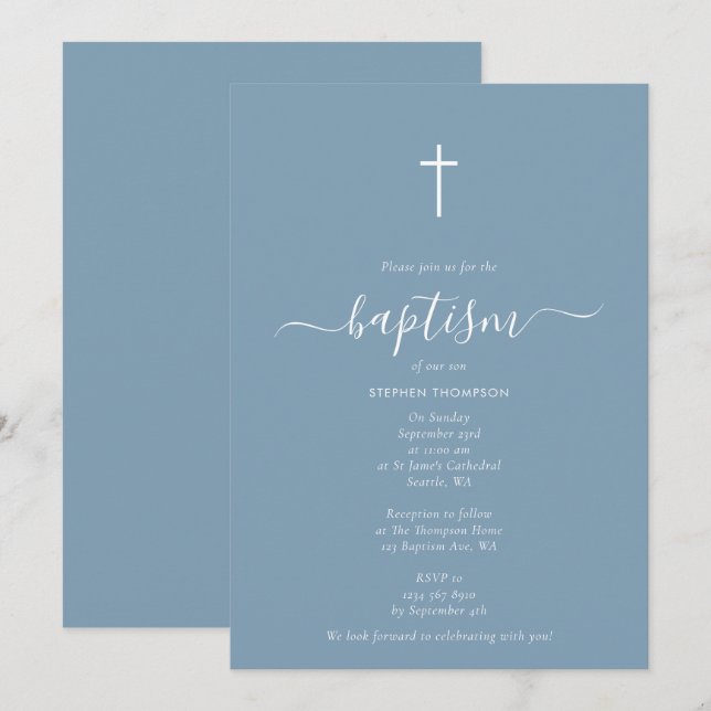 Invitation Baptême minimaliste Dusty Bleu Christening (Devant / Derrière)