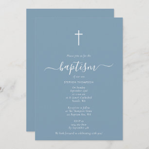 Invitation Baptême minimaliste Dusty Bleu Christening